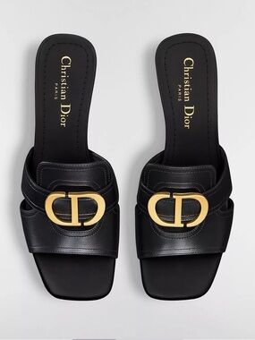 Dior Black Leather  30 Montaigne Heeled CD Logo Slide Sandals